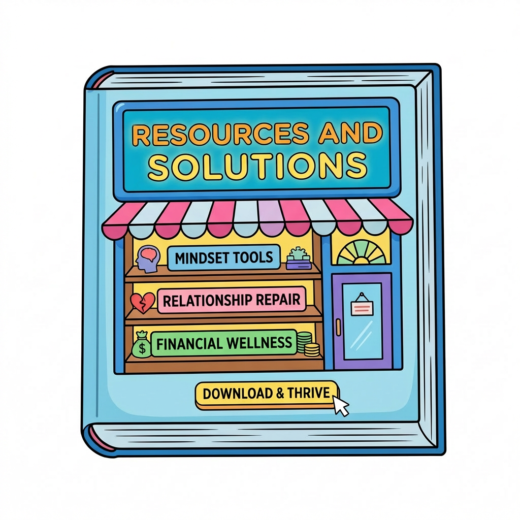 Tablet showing SELF-HELP SOLUTIONS with Mindset Tools, Relationship Repair, and Financial Wellness categories.